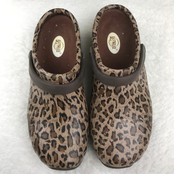 anywear leopard clogs
